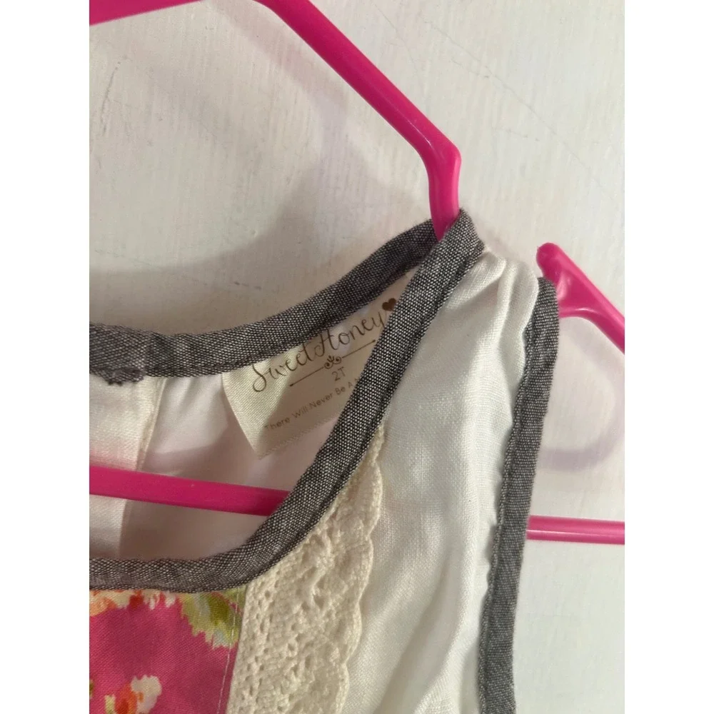 SweetHoney Floral Lace Linen Dress 2T White Pink Blue Sleeveless Toddler Girls